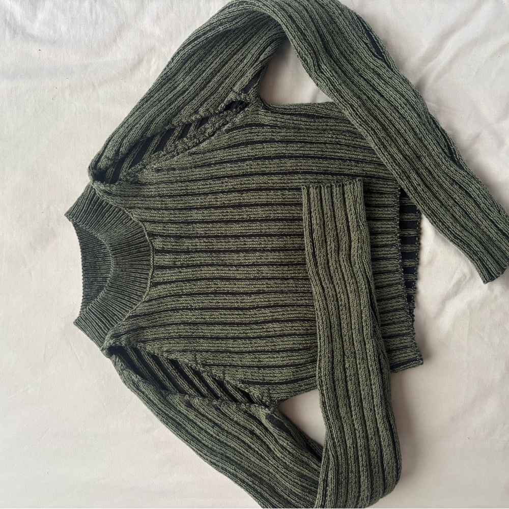 Ribbed Crop Crewneck Sweater - Olive Green